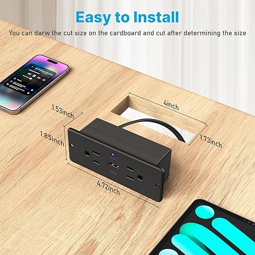 Miniatura 5 de CCCEI Regleta de alimentación empotrada con salida y puertos USB C, tira de alimentación de montaje empotrado para muebles, escritorio pequeño