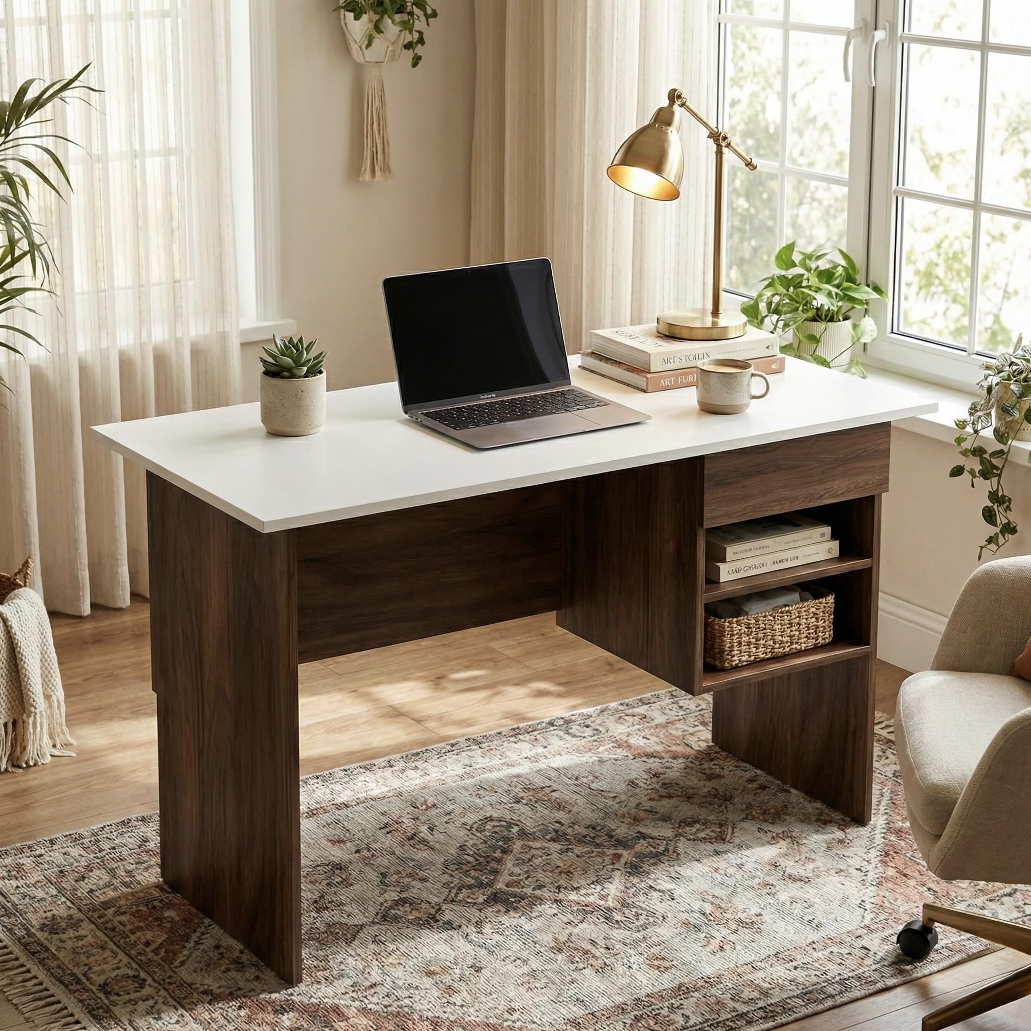 Aris Study Table with Drawer & Storage Shelves, Modern Dual-Tone Office Desk for Home & Students, 116x57x72cm (Brown Maple & White)-image-40