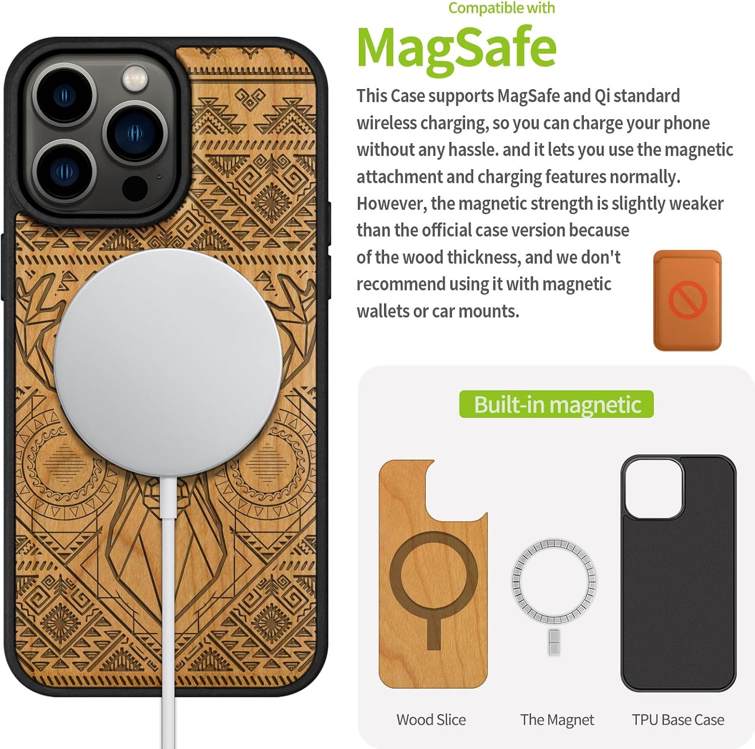 Carveit Magnetic Wooden Case for iPhone 15 Pro Max Case, Compatible with MagSafe Wireless Chargers, Black Soft TPU Shockproof Cover & Wood Artisan Engraved (Aztec Geometric Deer) - Cherry