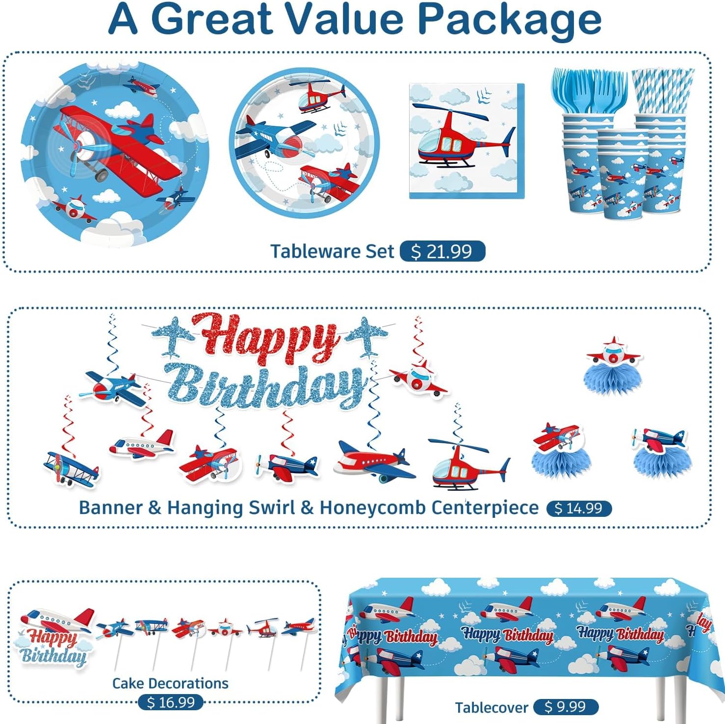 212 Pcs Airplane Birthday Party Decorations, Airplanes Party Banner Balloons Blue Sky and Red Paper Plates Napkins Set with 2 Pcs Airplane Table Cloth Airplane Flight Plane Themed Decorations