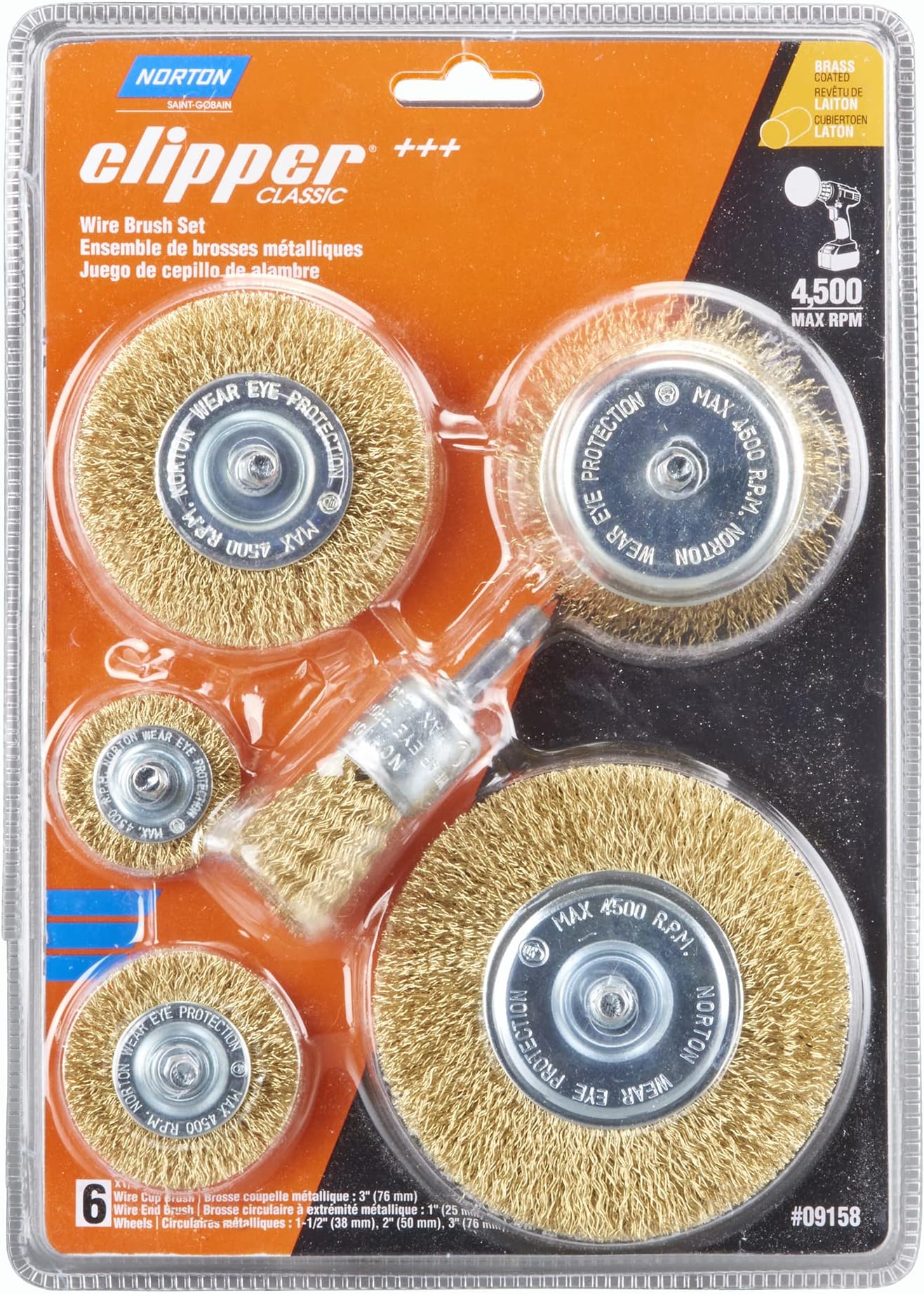 Norton Wire Brush Set, Clipper Wire Wheel Brush Set for Drill, Coated Brass Brushes for Cleaning, Crimped Wire Metal Brush, Pack of 6
