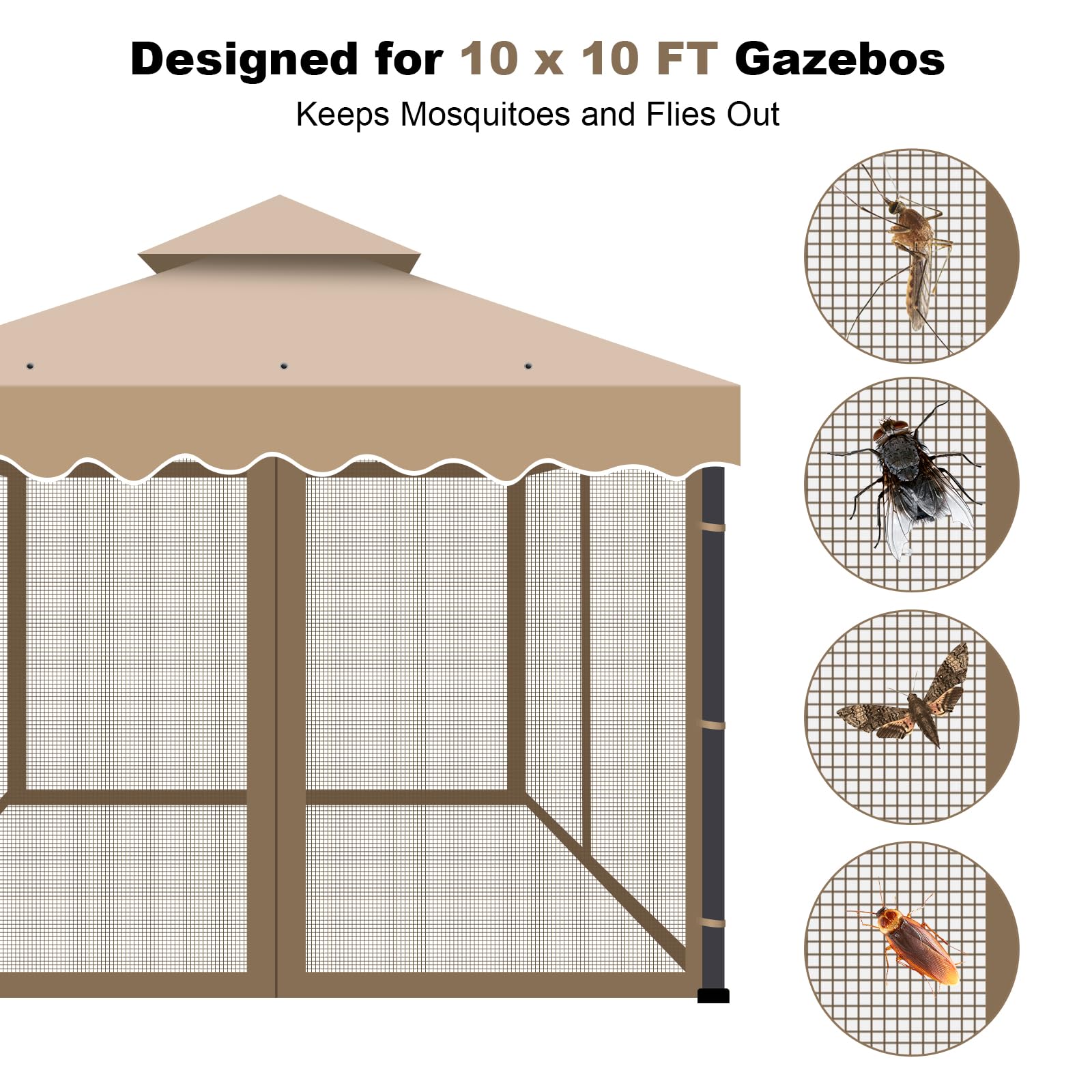Zanzariera per Gazebo 3 x 3,6 m Impermeabile con Cerniera – per Gazebo 10x12 FT Khaki Protezione UV Antizanzare per Giardino Terrazza Campeggio (albicocca - 3 x 3 m)