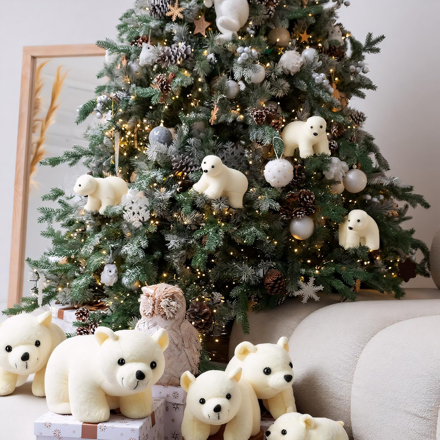 Skylety 8 Pcs Large Polar Bear Decorations White Plush Polar Bear Tree Hanging Ornaments Furry Stuffed Animal Figurines for Winter Tree Rustic Home Decor Gift, 4 Sizes - Image 6