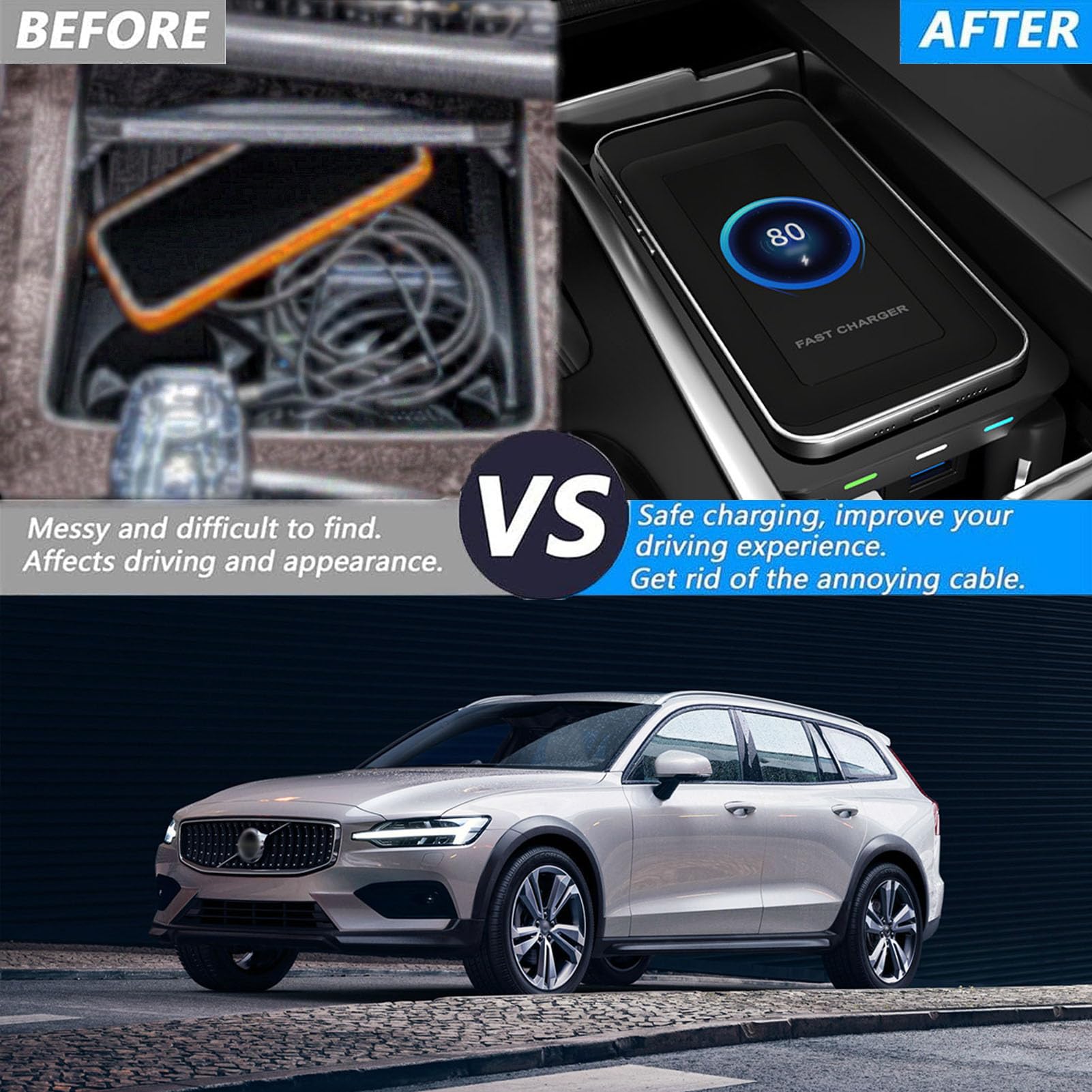 Cenna Caricabatteria per Auto Wireless per Volvo S60 Xc60 V60 S90 V90 Xc90 (2015-2024) Accessorio per Tutti I Modelli con Wireless da 15 W E Doppia USB Qc3.0 Regalo di Ricarica Rapida per La Famiglia