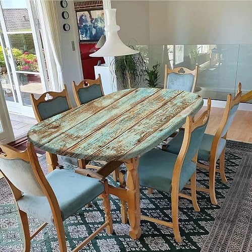 Miniatura 6 de Manteles ovalados ajustables de grano de madera, tablones de madera rústica verde desgastada, resistentes al viento, para mesas de 48 x 68 pulgadas,
