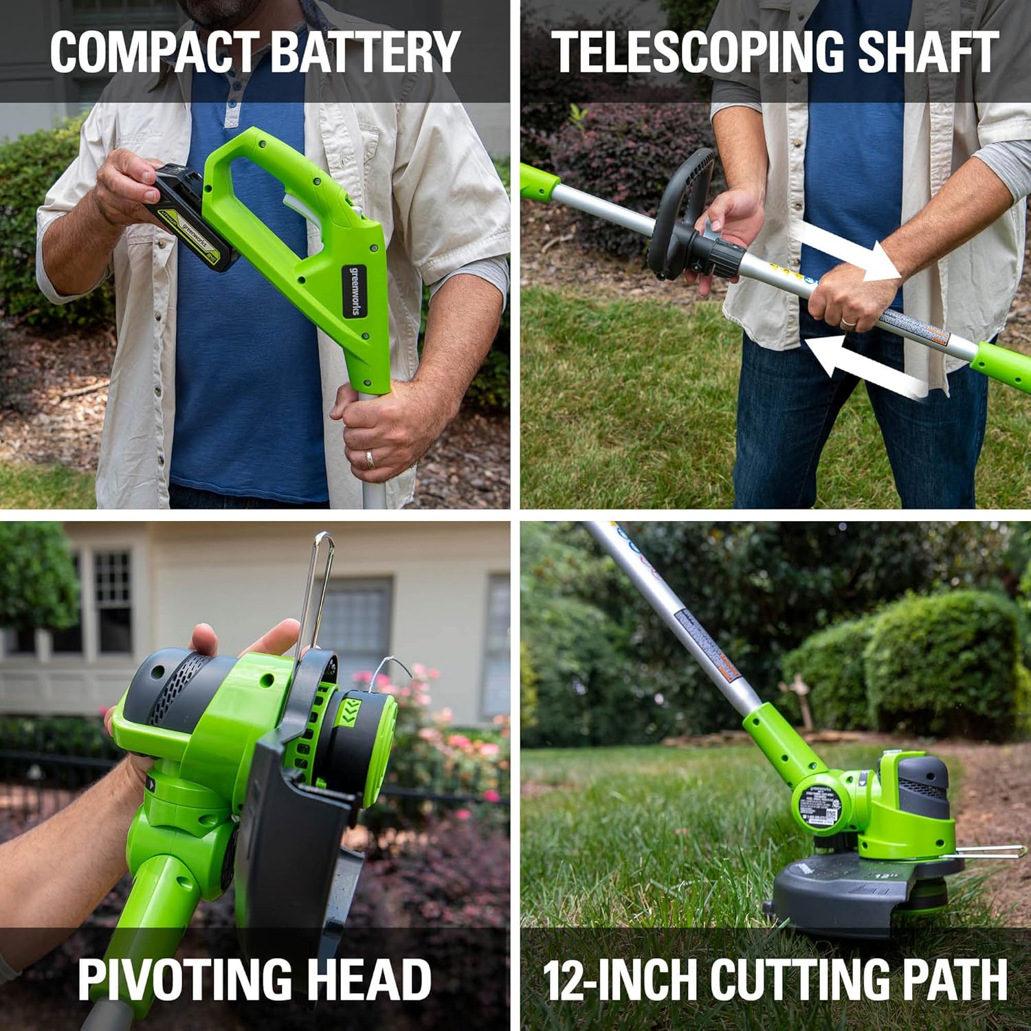 Four panels showing compact battery, telescoping shaft adjustment, pivoting head, and 12-inch cutting path.
