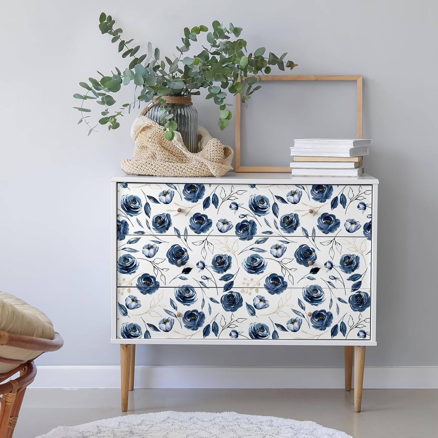 Watercolor Rose Floral Wallpaper Navy Blue Botanical Flower Gold Leaf Wallpaper Peel and Stick for Bedroom Decorative Floral Contact Paper 12"x118" Self Adhesive Removable Wall Paper