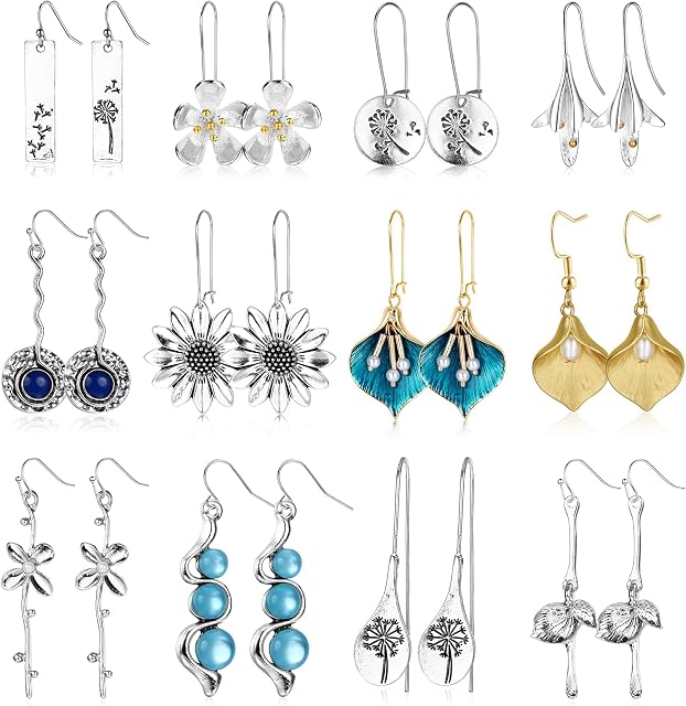 CASSIECA 12 Pairs Bohemian Vintage Drop Dangle Earrings for Women Boho Crystal Flower Statement Earrings Teardrop Fashion Dangling Jewelry