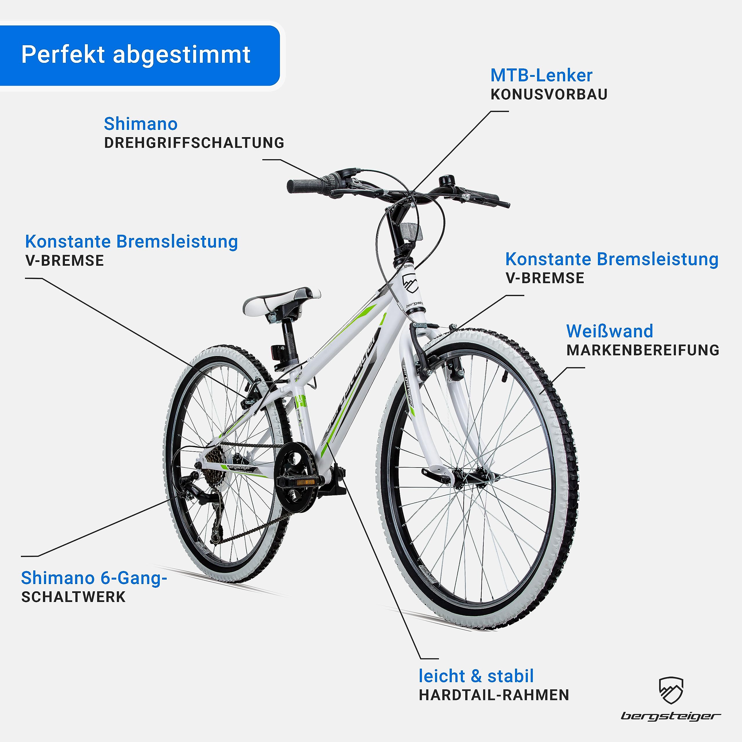 Bergsteiger Kansas Kinderfahrrad 20/24 Zoll Mountainbike mit 6 Gängen | Perfekt für Jungen und Mädchen ab acht Jahren. Mit robuster Tourney-Schaltung und starker V-Brake-Bremse.
