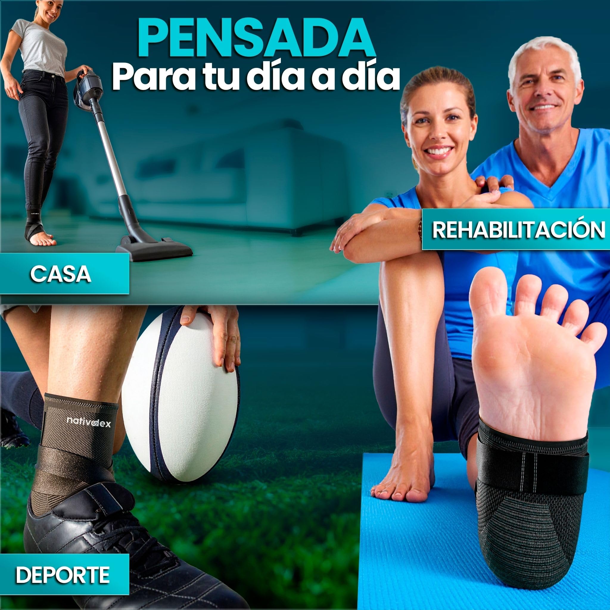 NativoDex Tobillera para Estabilizar y Prevenir Torceduras, Soporte y Compresión para Lesiones en el Tobillo, Deportiva con Ajuste Personalizado, para Ambos Pies