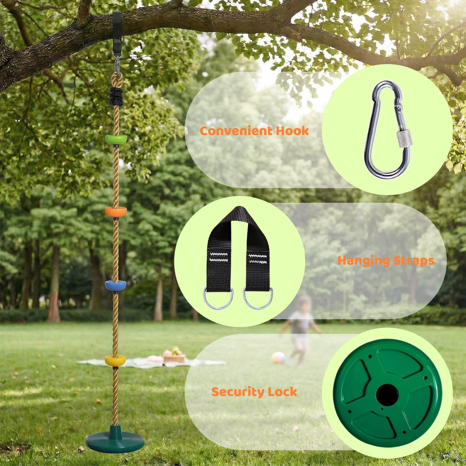 Vdealen Altalena a corda, altalena da esterno per bambini con sedile a forma di frisbee, ideale per giardino e cortile, per adulti e bambini, lunga 1,9 metri.