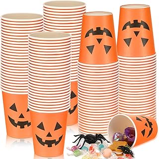 Bokon 100 Pcs Halloween Cups Disposable 9 oz Halloween Treat Snack Cups Jack O Lantern Disposable Paper Cup Orange Pumpkin Face Design for Halloween Treats Cupcakes Party Favor