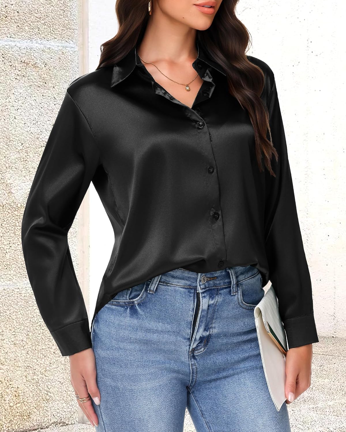Women's Satin Silk Button Down Shirts Silky Long Sleeve Office Work Shirt Business Casual Blouses Tops - Image 2