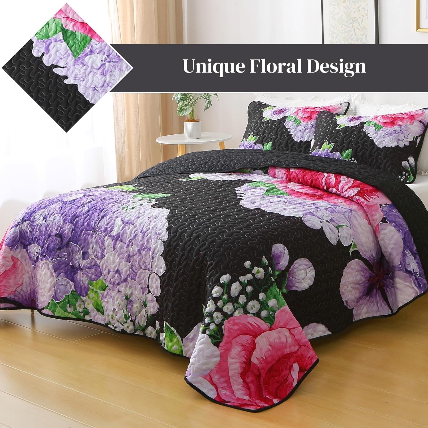 Black Quilt Set Queen Size, 3 Pieces Elegant Floral Bedspread Coverlet Set with 2 Pillow Shams, Soft Microfiber Reversible Quilt Bedding Set for All Season 96"×90" - Image 2