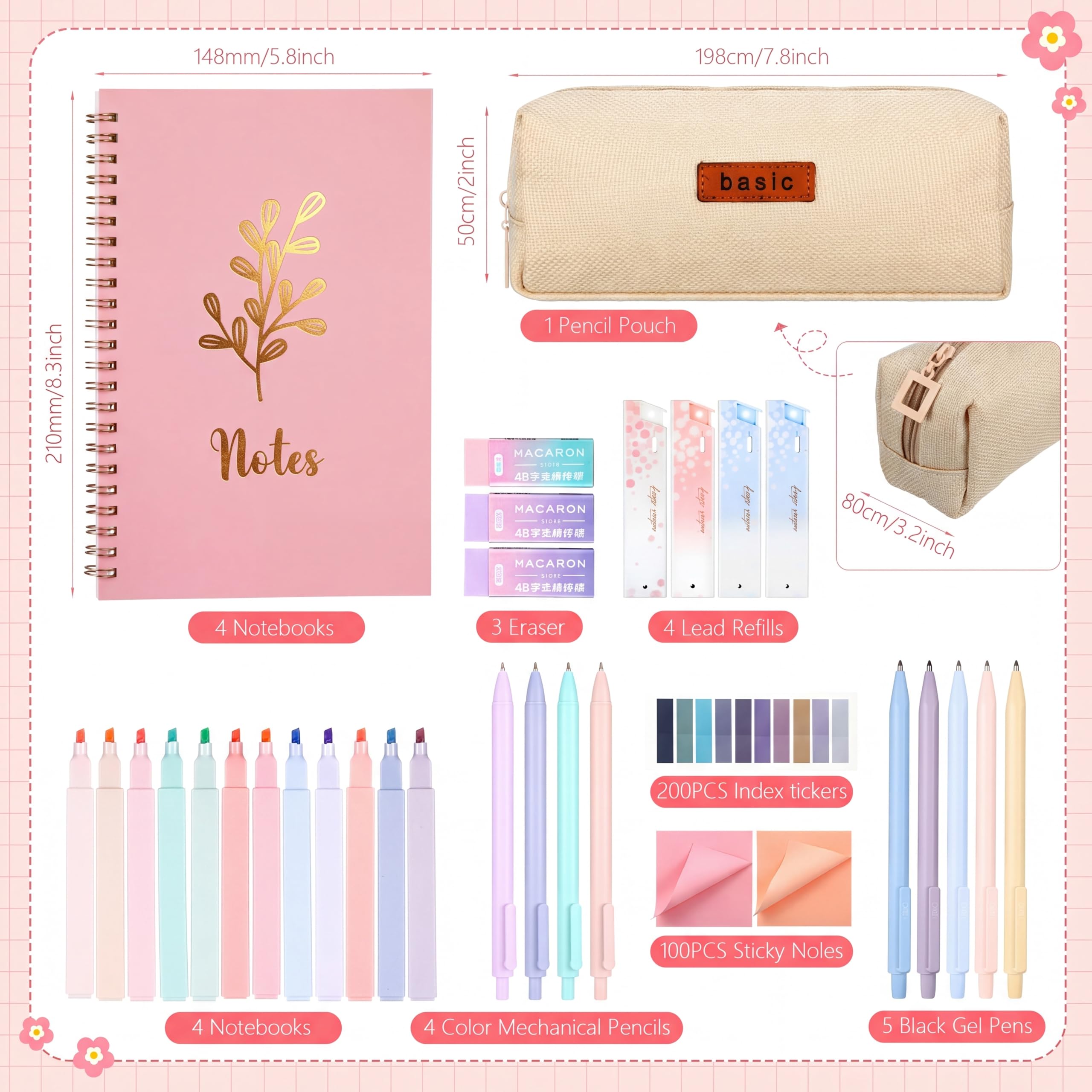 Resurhang Set di cancelleria per quaderni a spirale, 36 pezzi, materiale estetico per la scuola, kit di studio biblico, accessori essenziali per ufficio e università, include astuccio per appunti A5