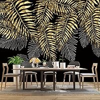 Vista 3 de Mural de hojas negras y doradas para dormitorio, papel tapiz botánico tropical, decoración de plantas, sala de estar, fondo de televisión, mural
