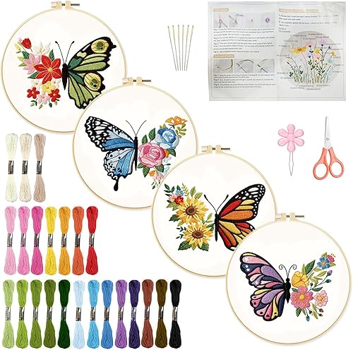 INFUNLY 4 juegos de bordado de mariposa para principiantes, kits de punto de cruz con estampado de flores, con instrucciones para principiantes y