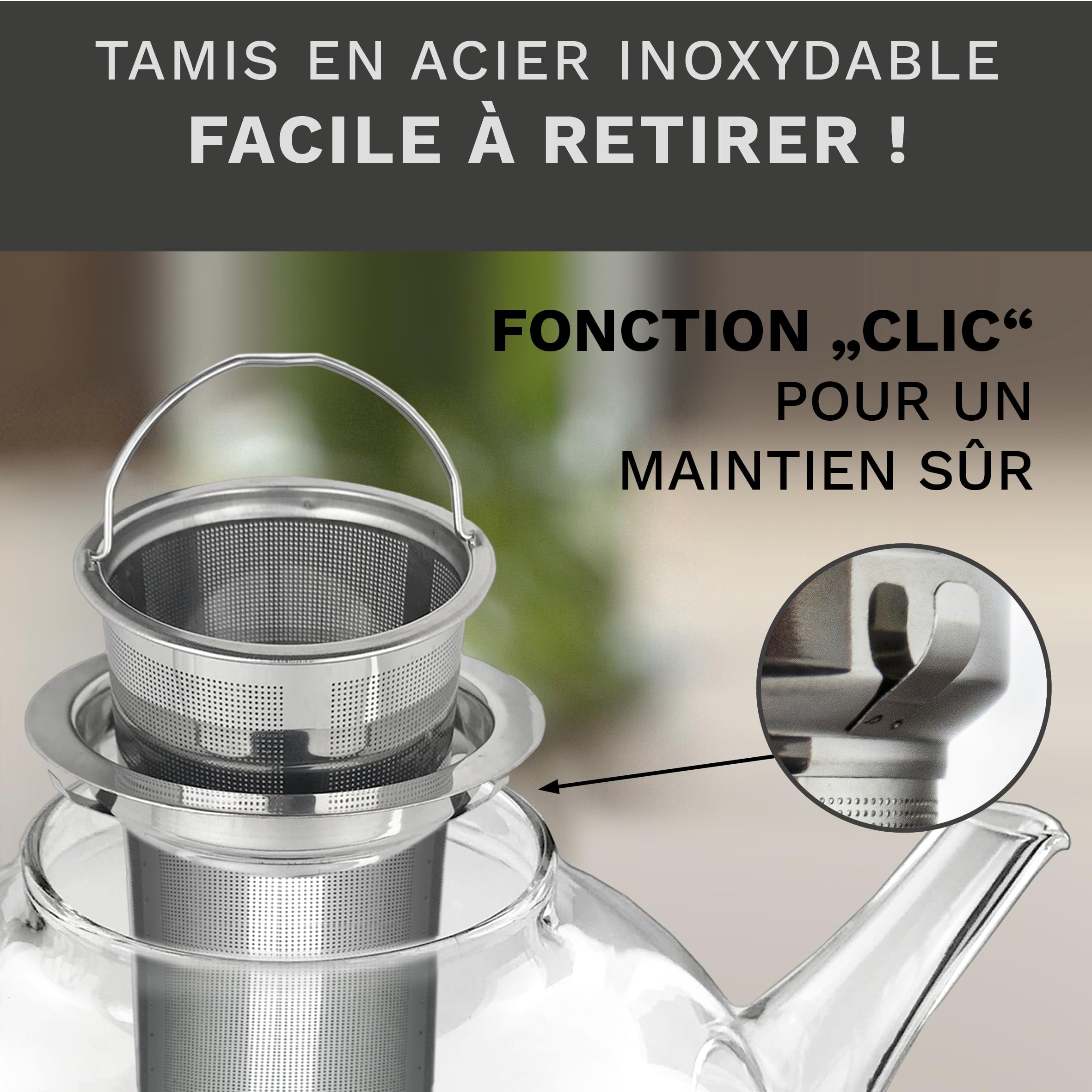 Creano Théière 1,6 l en verre anti-goutte avec filtre inox intégré et couvercle en verre – élégante et résistante à la chaleur – pour thé en vrac, thé en fleurs et tisanes
