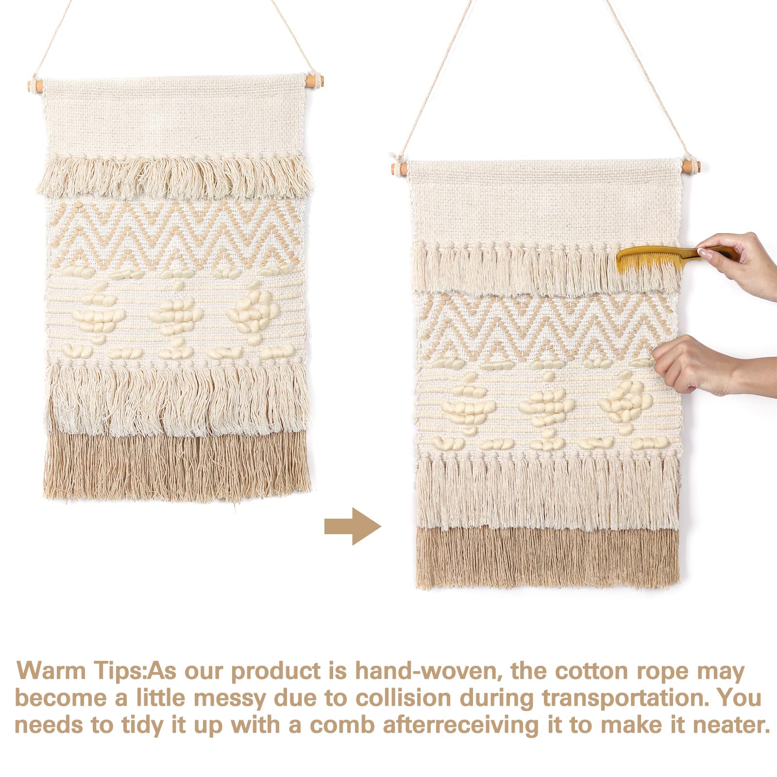 Macramé tejido para colgar en la pared, decoración bohemia de ondas geométricas beige con bola de lana y borla, elegante apartamento, dormitorio, habitación, decoración de puerta, 15.7 5