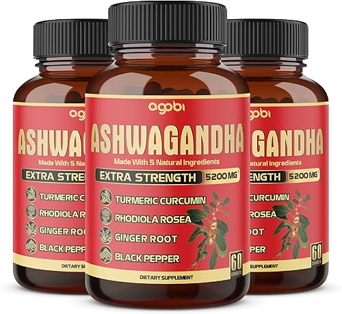 3 Packs 60 Capsules for 6-Month Supply - 5 in 1 Organic Ashwagandha Supplements 5200mg - Combined with Turmeric, Ginger, Black Pepper & Rhodiola -