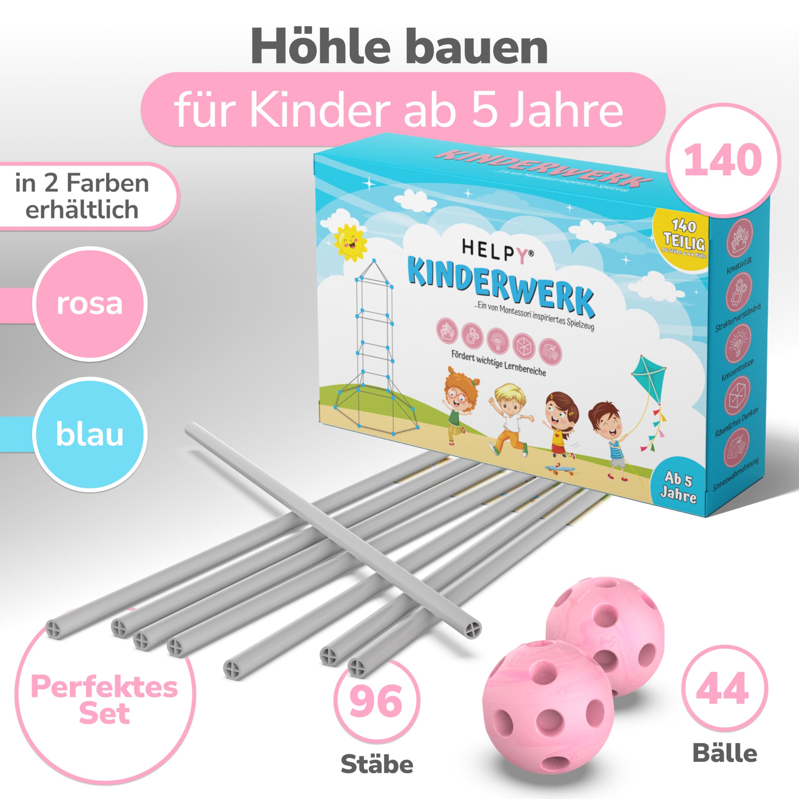 KINDERWERK - Konstruktionsspielzeug – 140-teiliges Set zum Höhle Bauen für Kinder – Unterstützt Kreativität & räumliches Denken – Indoor & Outdoor Spielzeug (rosa/grau)