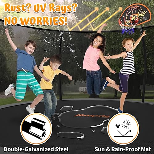 Miniatura 5 de Jumpfly Tranpoline - Tranpoline para exteriores para niños con aro de baloncesto de 14 pies, tranpolina recreativa con red de recinto, almohadilla