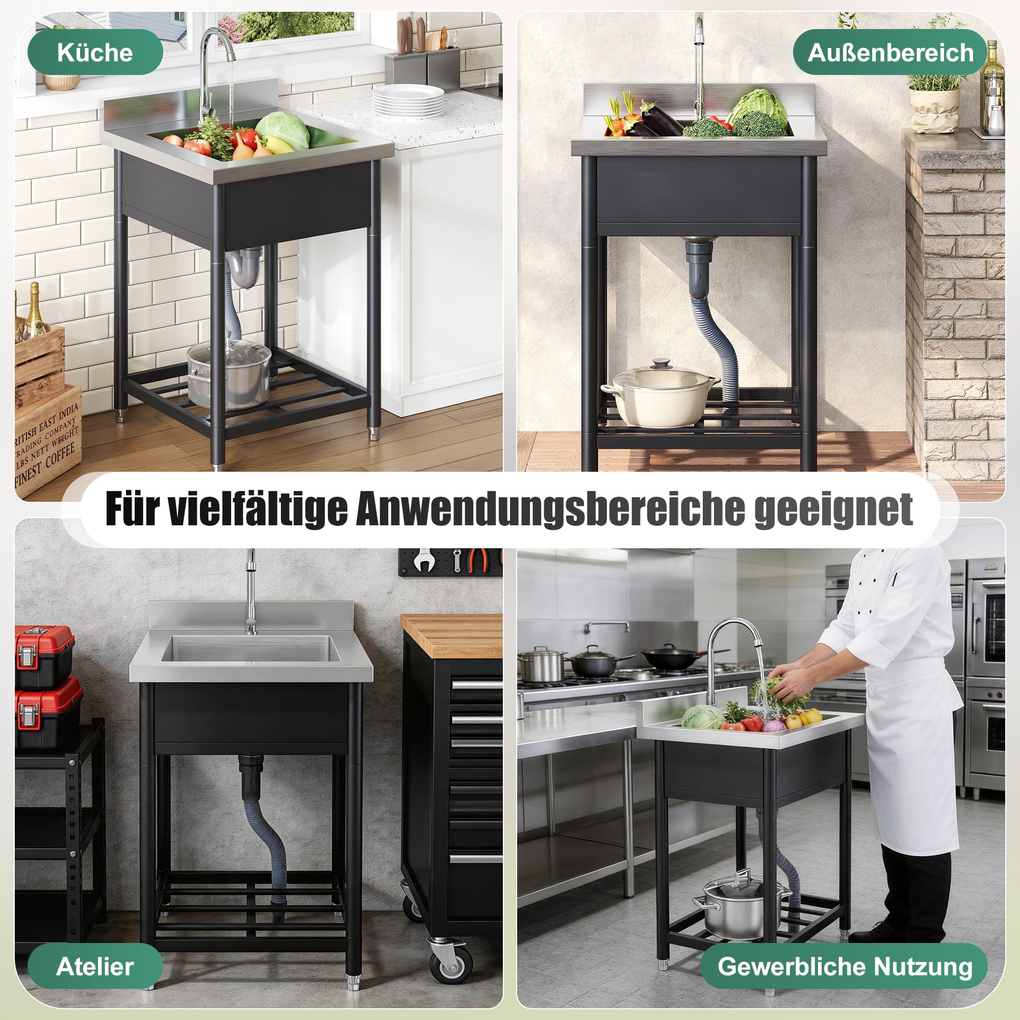 Lavello autoportante in acciaio inox con rubinetto e scarico, 60 x 60 cm, per cucina all'aperto, giardino, officina e gastronomia, robusto lavello da cucina da giardino con ripiano