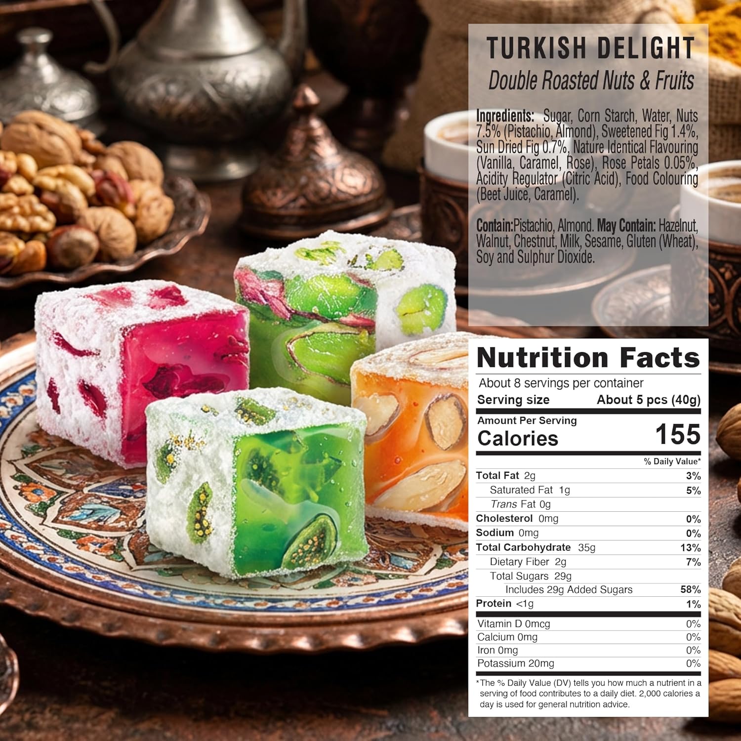 Hazer Baba Premium Turkish Delight Candy with Double Roasted Mixed Nuts, Fig, Rose Petals & Vanilla Flavor, Gourmet Snack Box, Traditional, Vegan, Lokum, Delicias Turcas, Halal, Kosher, 10.5oz (300g)