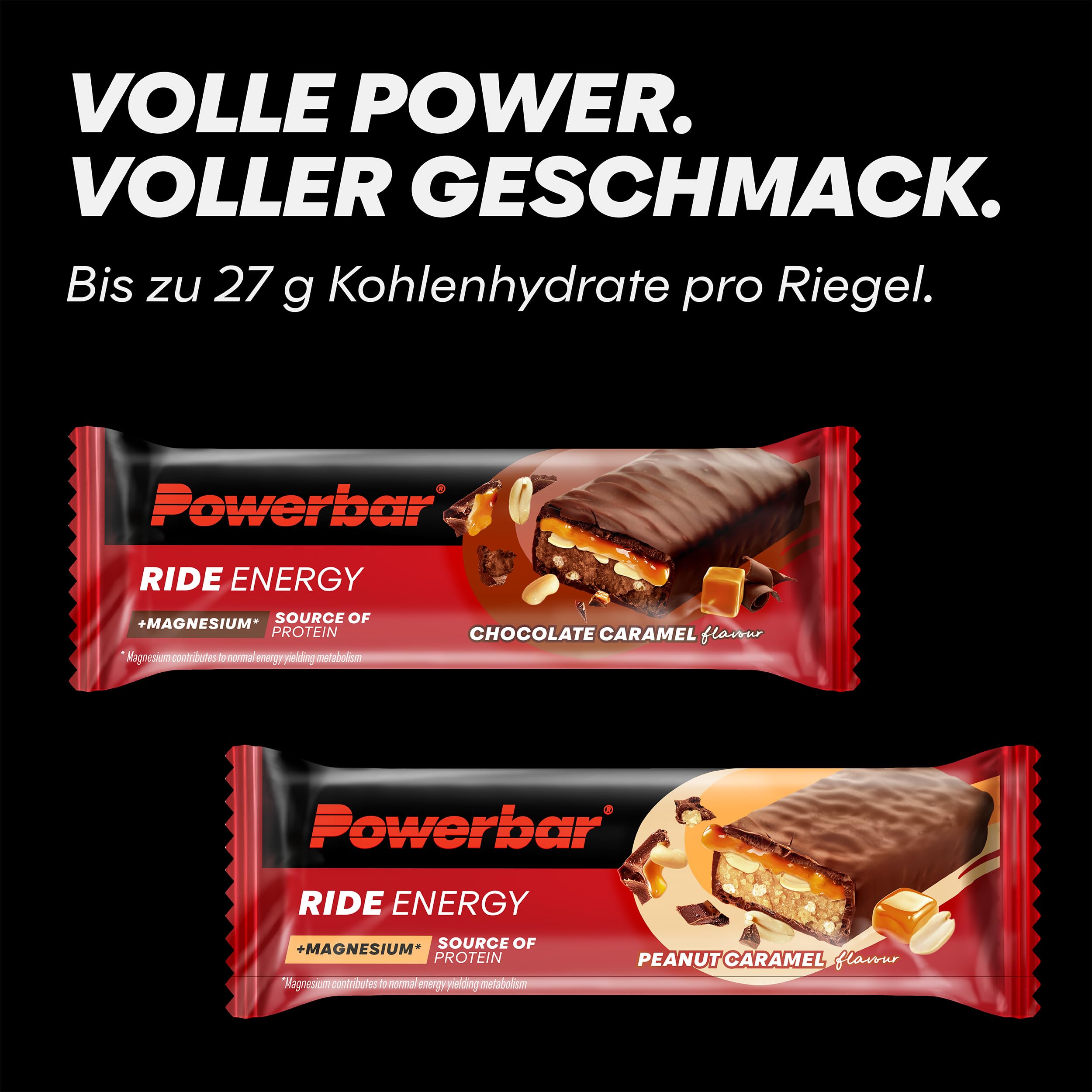 Powerbar - Ride Energy - Peanut Caramel - 18x55g - Kohlenhydrat Eiweissriegel - Magnesium - kollagenfrei