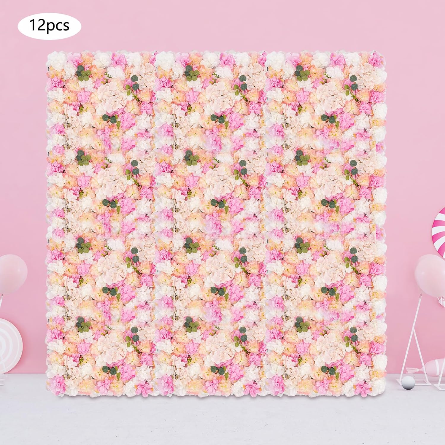 12PCS Artificial Flower Wall Panels, 15 X 23inches Decoration Floral Backdrop, Pink and White 3D Rose Floral Wall Backdrop for Wedding, Stage Decoration