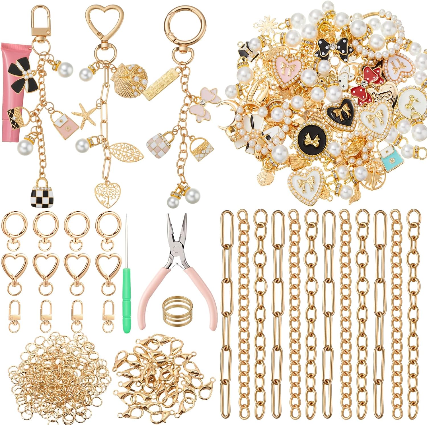 VioraWhite 457 Pcs Charms Lip Gloss Keychain Making Kit, DIY Craft with Charms, Key Chain, Jump Rings, Lobster Clasps, Chains and Tools for DIY Crafting Jewelry Making Keychains Supplies