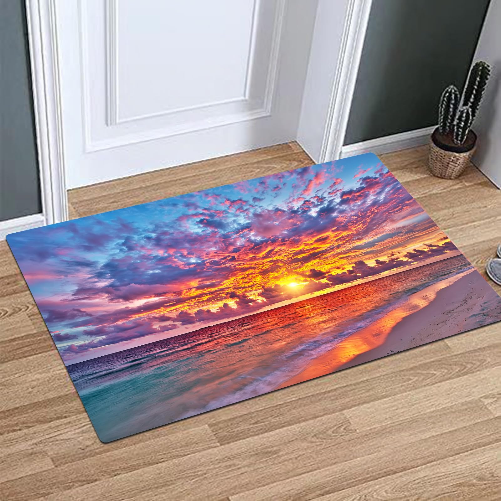 OHAGS Microfiber Soft Bath Mat,Non-slip Bathroom Mats,Machine-washable Shower Water Absorbent Bath Rug Durable,Bright, Silent, Round Sea Ocean Beach and Sunset Tropical,16x24 in