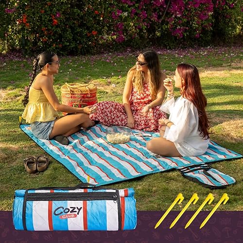 Miniatura 1 de Cozy Club Manta de picnic impermeable plegable al aire libre con bolsillo, estacas y correa para el hombro  A prueba de arena, duradera y portátil