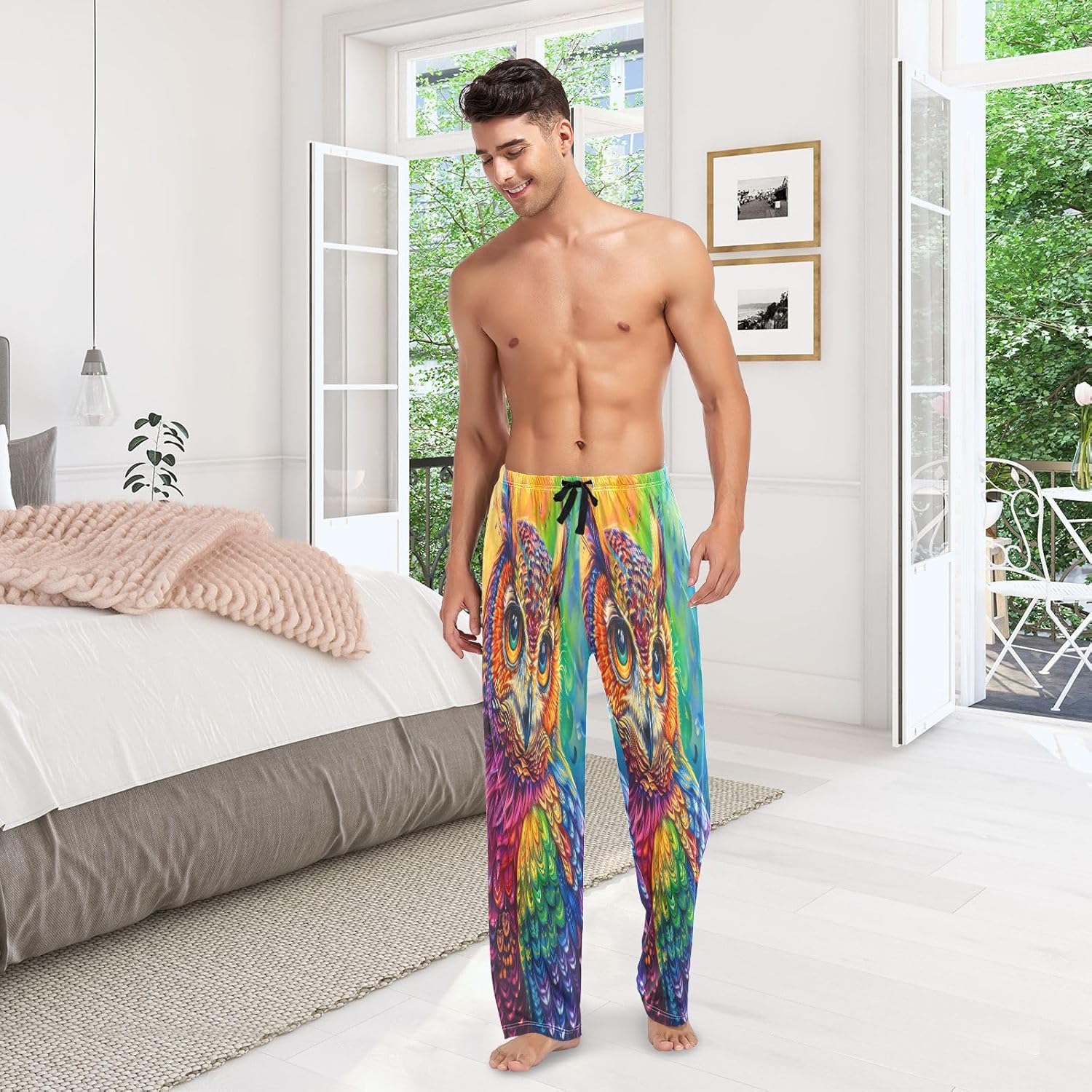 ALAZA Rainbow Owl Panting Men's Pajama Pants Men Cotton Pajama Bottoms with Pockets, S