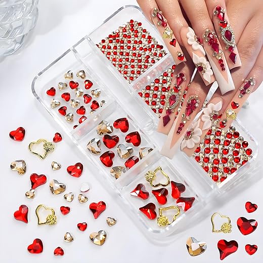 767Pcs Valentines Nail Art Charms Red Heart Nail Charms Shiny Alloy Cute Nail Rhinestones Flatback Round Red Nail Gems for Valentines Hearts Nails Decoration Gold Heart Nail Jewelry for Manicure DIY