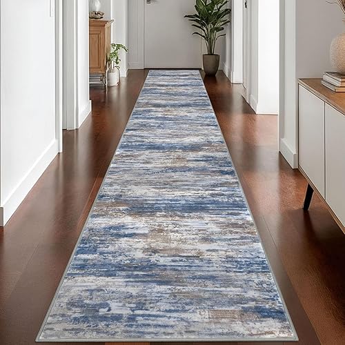 Miniatura 54 de KOZYFLY Alfombra moderna abstracta lavable de 2.6 x 10 pies, antideslizante, suave, alfombra de camino de cocina, alfombra a rayas azules óxido para