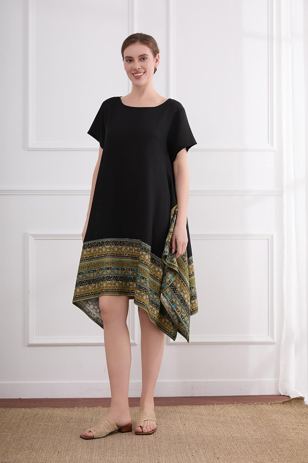 Minibee Women's Ethnic Cotton Linen Short/Long Sleeves Irregular Dress