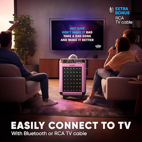Miniatura 14 de MASINGO Máquina de karaoke para adultos y niños con 2 micrófonos inalámbricos Bluetooth. Sistema de altavoces PA portátil para cantar con luces