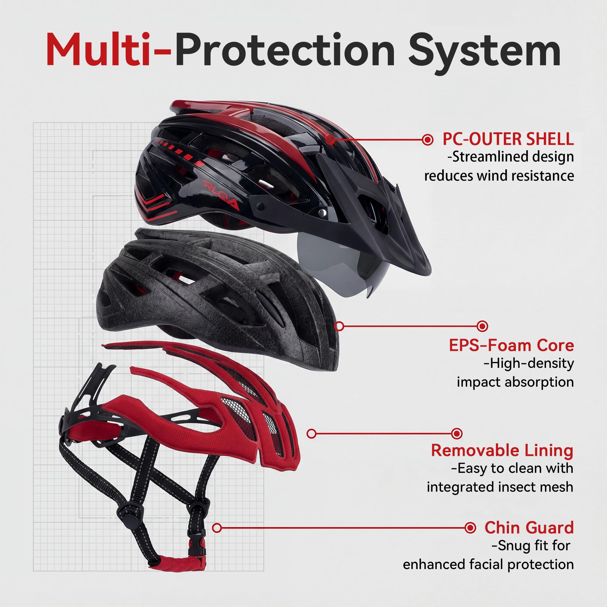 RLQA Casco Bici Uomo Donna con Luce LED Posteriore a 5 Modalità e Visiera Magnetica, Casco MTB e Bici da Strada, 24 Prese d'Aria, Leggero e Regolabile - 4