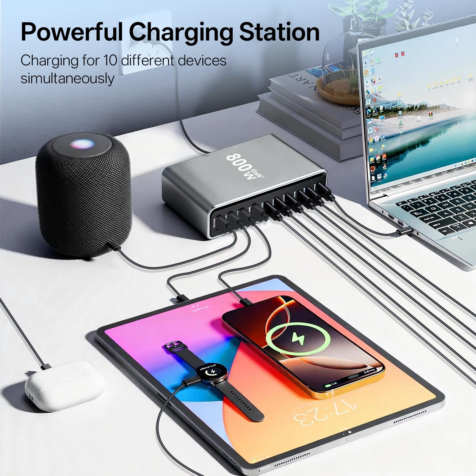 800 W Chargeur USB C Multiple, Station de Charge PD 140 W 100 W 65 W, Chargeur Rapide à 10 Ports Chargeur GaN-III Compatible avec MacBook, iPad, iPhone séries 16/15/14, Galaxy S22/ S20,Dell, HP