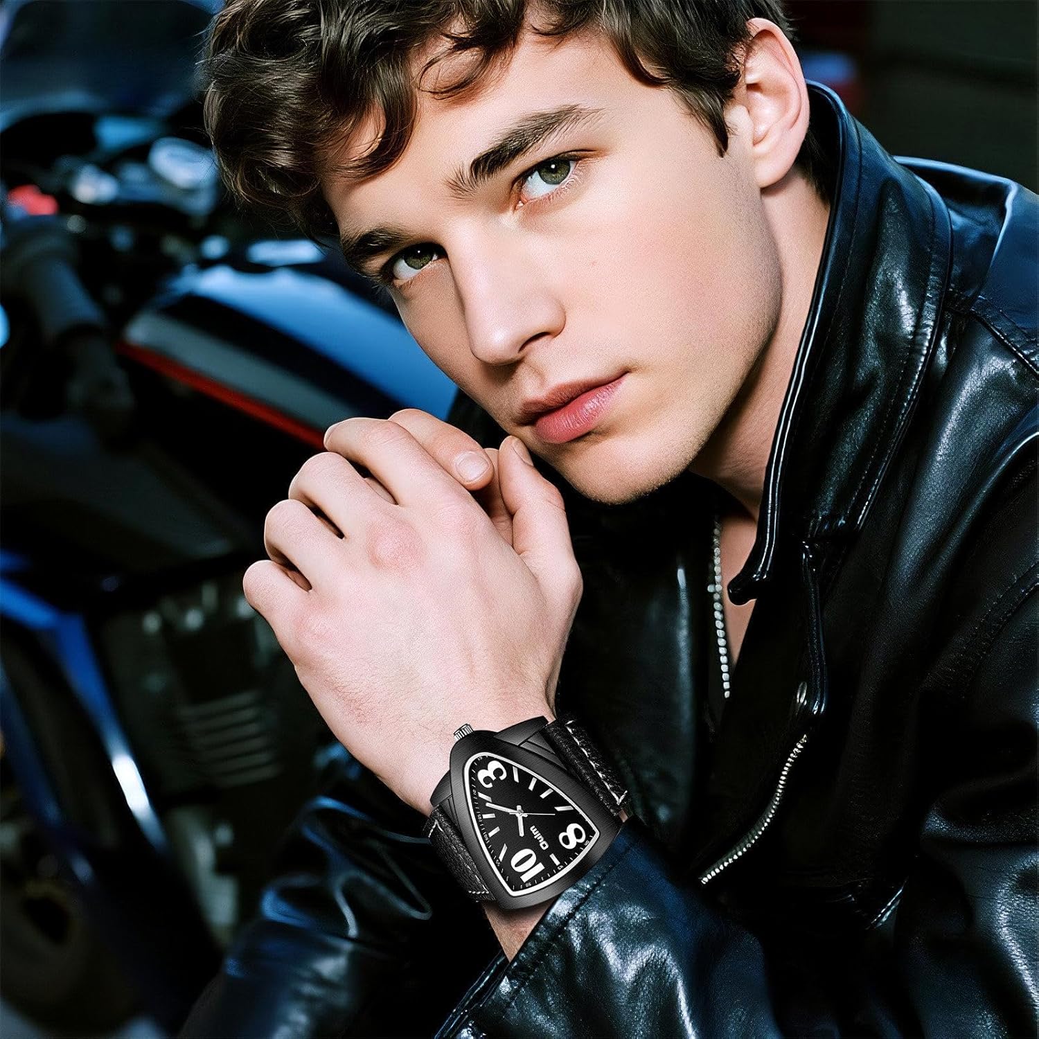 JewelryWe Triangle Watches for Men: Analog Quartz Novelty Big Face PU Leather Strap Luminous Hands Arabic Numerals Business Casual Punk Wristwatch for Valentine's Day for Valentine's Day