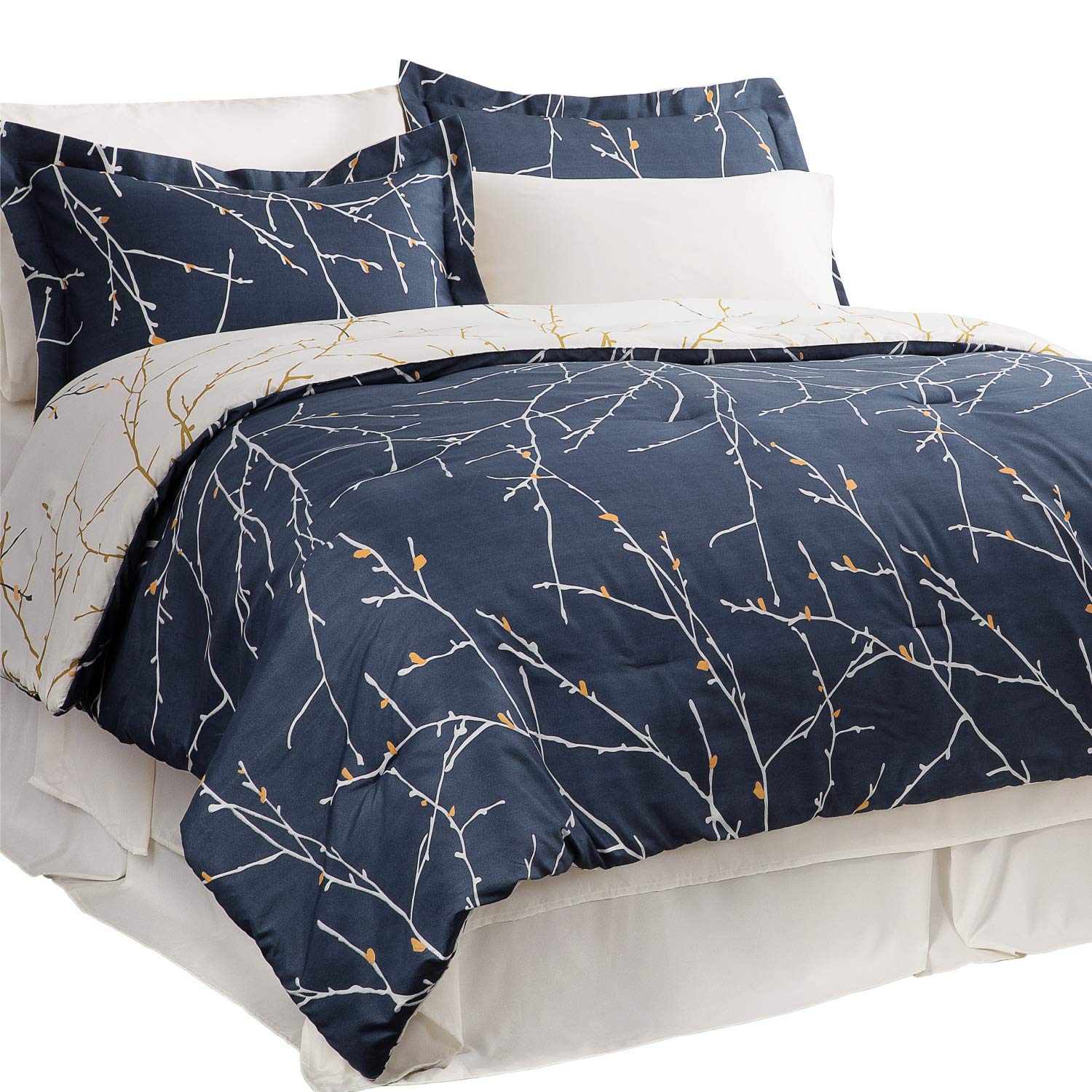 Bedsure Queen Size Comforter Sets - Queen Size Bed Set 8 Piece Reversible Navy Blue Tree Branch Pattern Printed - 1 Comfor...