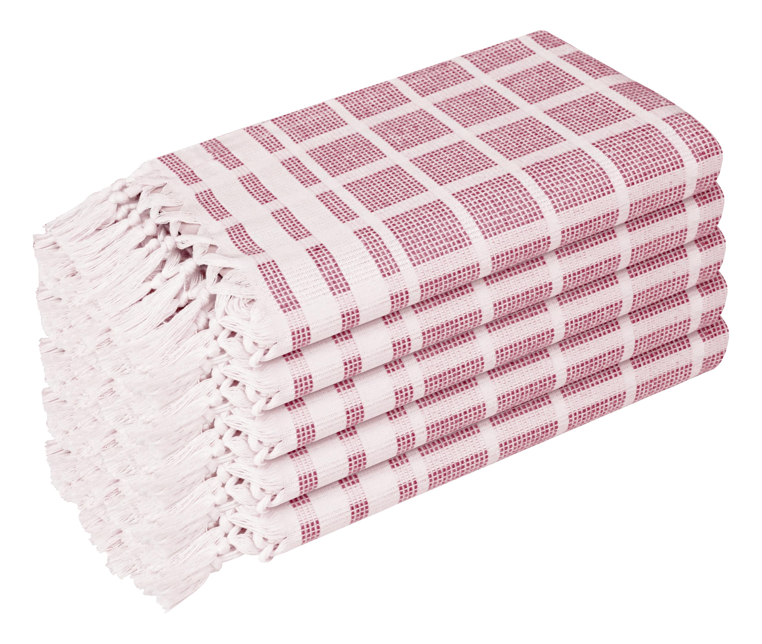 HEIRLOOM COMFORT Burgundy Wine and Natural Dotted Matrix Dish Towels 5 Pack, 100% Cotton, 40x66 cm, Decorative Tassel Towels, Quick Dry and Absorbent for Kitchen Use