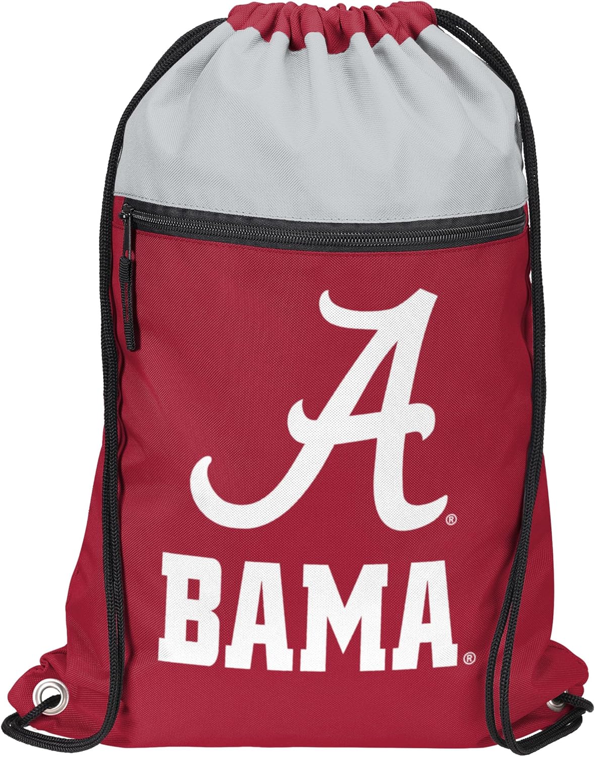 FOCO NCAA Officially Licensed Unisex Team Color Collage Primary Logo Wordmark Drawstring Backpack With Zippered Pocket - Alabama Crimson Tide