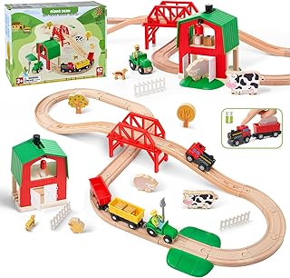 Giant bean 42PCS Wooden Farm Train Set for Toddler, Battery Operated Train Railway Track with Bridge, Barn, Animals,Tractor Cargo, Compatible with Most Brand, for Kids Boys Girls Age 3-8