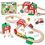 Giant bean 42PCS Wooden Farm Train Set for Toddler, Battery Operated Train Railway Track with Bridge, Barn, Animals,Tractor Cargo, Compatible with Most Brand, for Kids Boys Girls Age 3-8