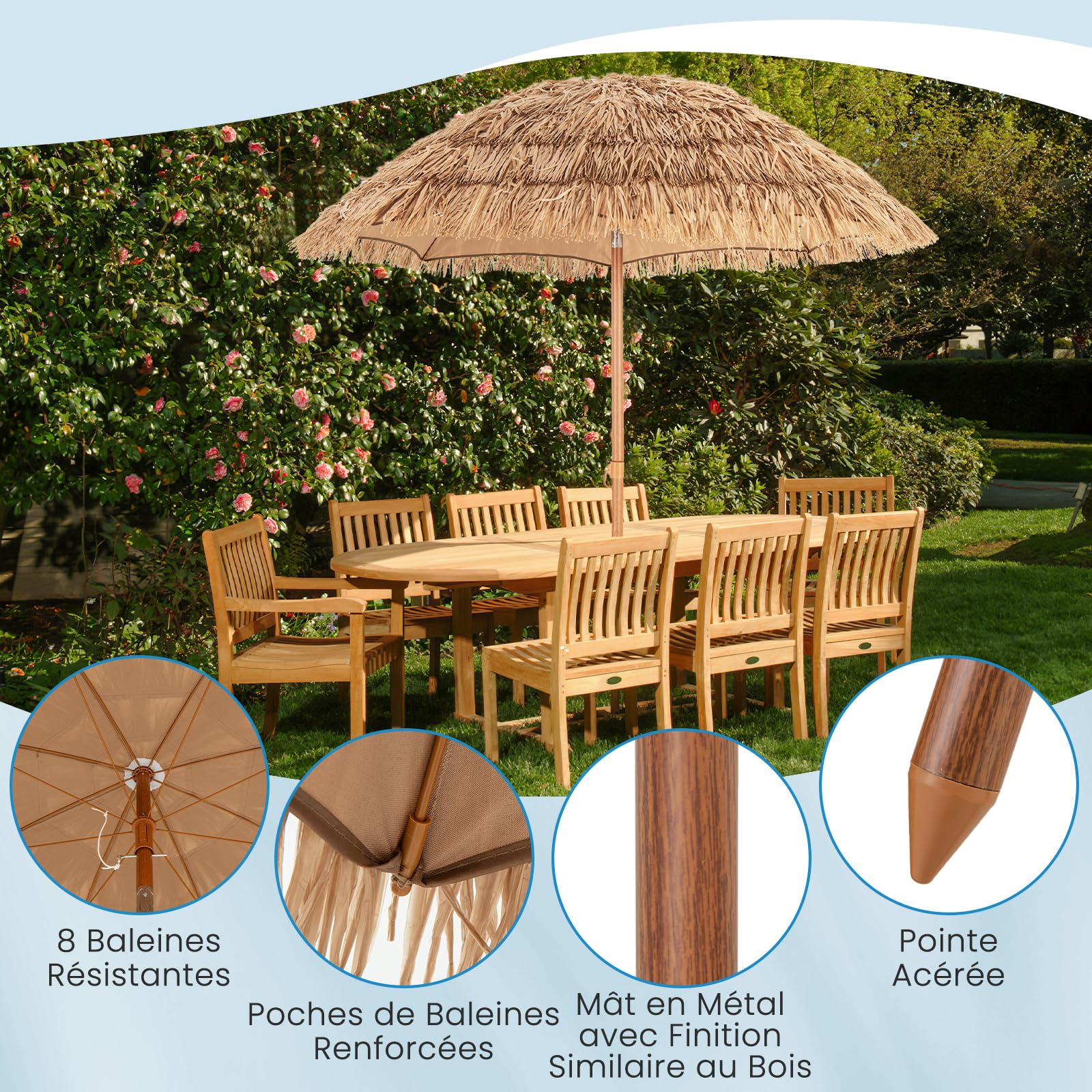 RELAX4LIFE Parasol Paille Φ200cm avec 8 Baleines