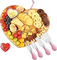 hecef 7-Piece Heart-Shaped Charcuterie Board Set with Knives & Ceramic Bowls - Pink Wood Serving Board for Weddings, Birthdays