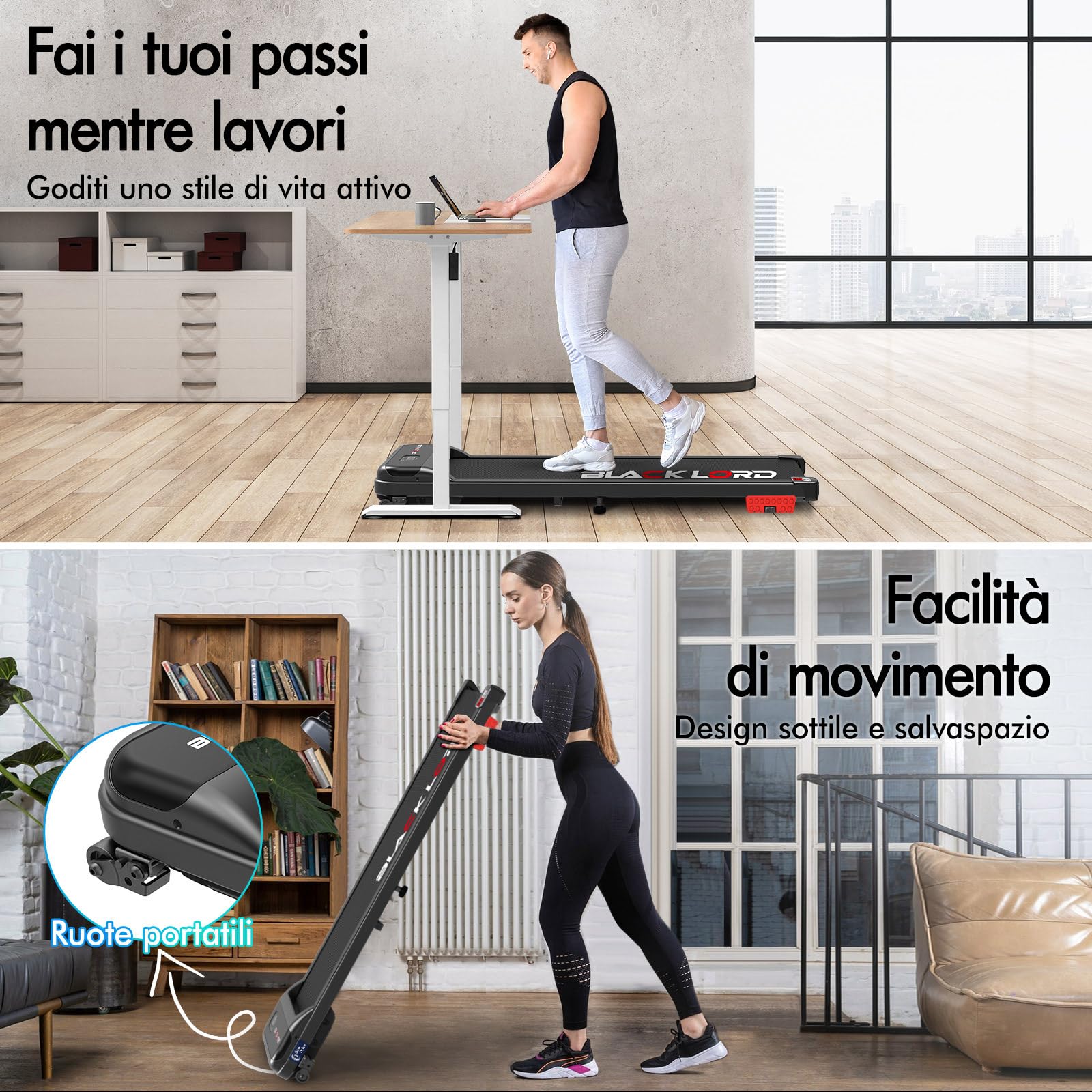 BLACK LORD Tapis roulant, Walking pad 9/12/16 km/h, Tappetino da corsa con/senza inclinazione del 9%, Sotto la scrivania, Portatile, Silenzioso, Display LED, Controllo tramite App, 120/130/140 kg