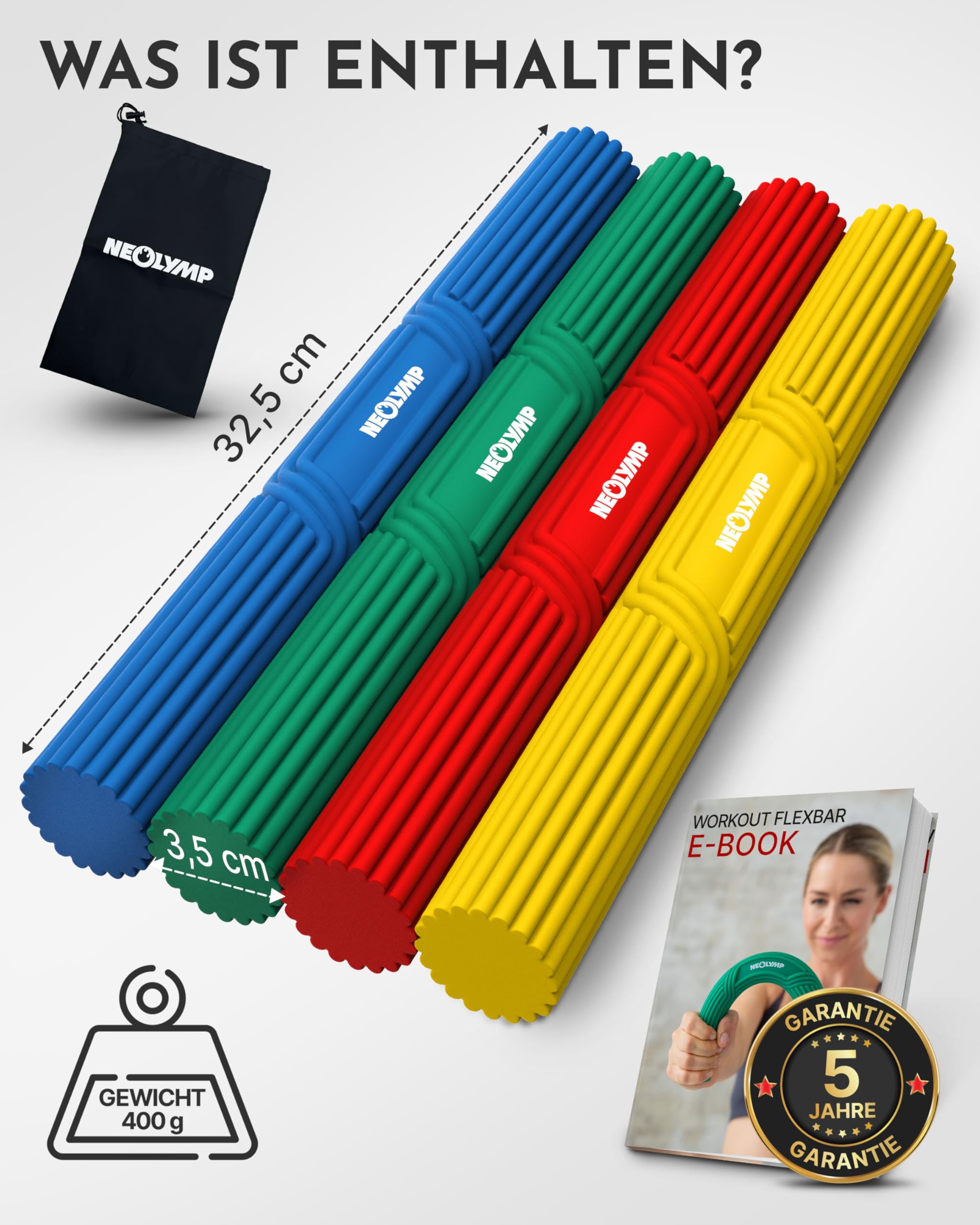 NEOLYMP Handtrainer Unterarmtrainer – Griffkraft & Rehabilitation – Therapy Bar aus Silikon, rutschfest & langlebig – Hand Trainingsgerät inkl. Tragetasche, Übungsheft & E-Book – Grip Strength Trainer
